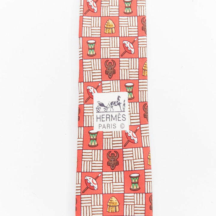 HERMES 7618 TA red brown aboriginal mask tribal drum print silk tie