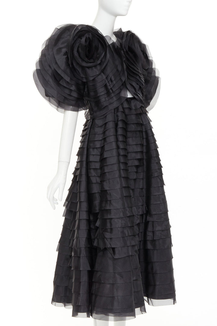 AJE Amour Ruffle Dress dramatic round sleeves rosette tiered midi gown UK8 S