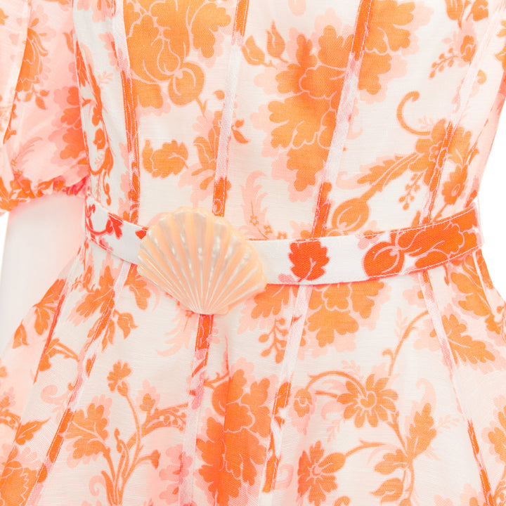ZIMMERMANN Postcard orange floral linen silk puff sleeve flare mini dress Sz0 XS