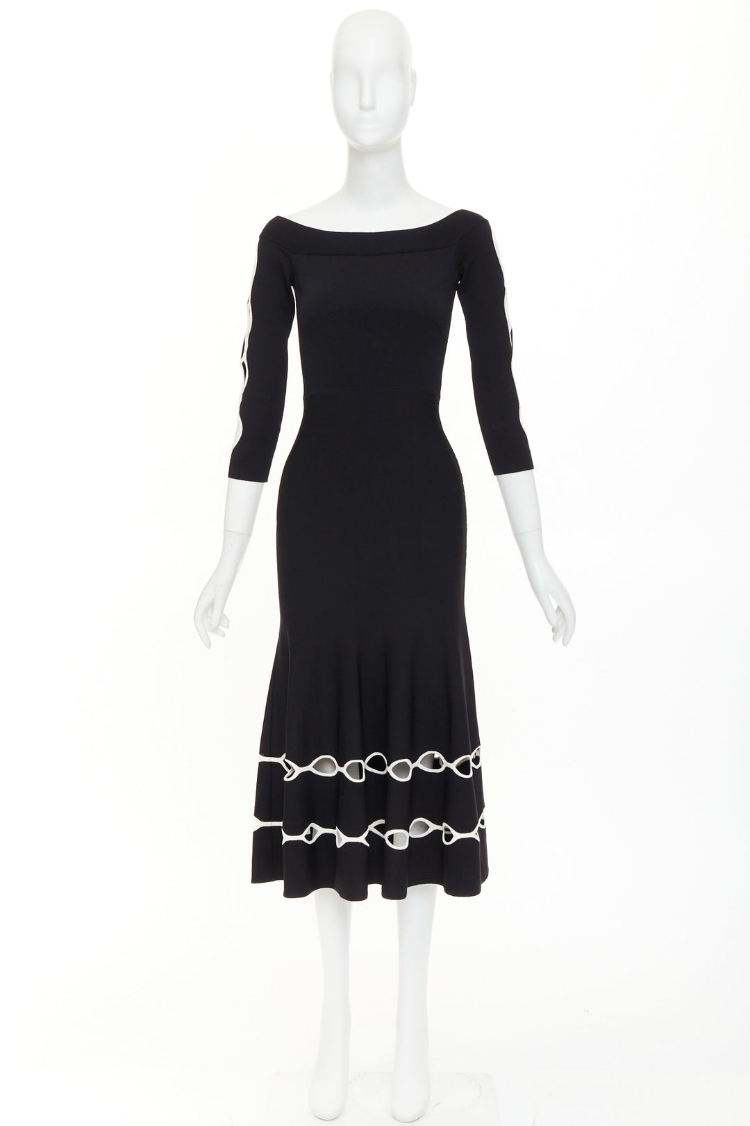 ALEXANDER MCQUEEN 2018 black knit white scalloped openwork bateau midi dress S