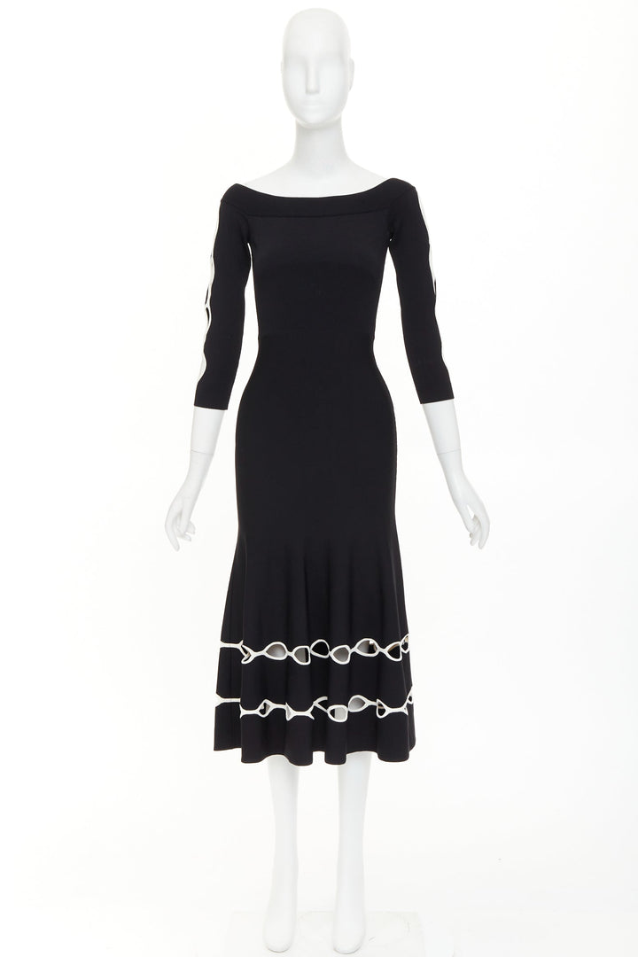 ALEXANDER MCQUEEN 2018 black knit white scalloped openwork bateau midi dress S
