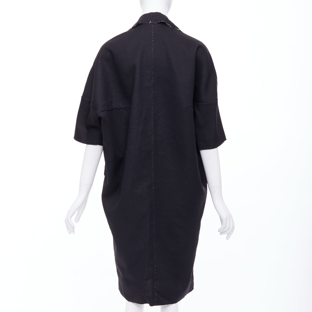 MARNI black wool linen frayed edge double breasted long coat IT38 XS