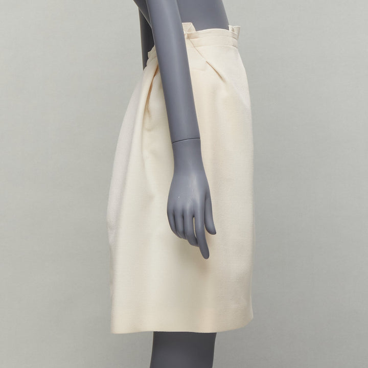 ROLAND MOURET cream wool crepe silk trim origami fold pleat waist skirt UK6 XS