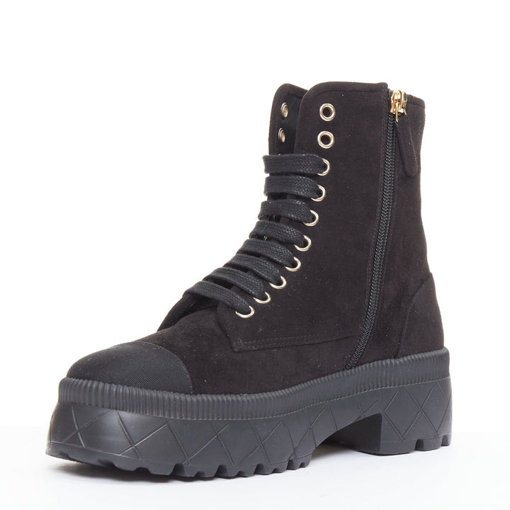 CHANEL 2023 black quilted suede silver CC cap toe platform combat boots EU37.5