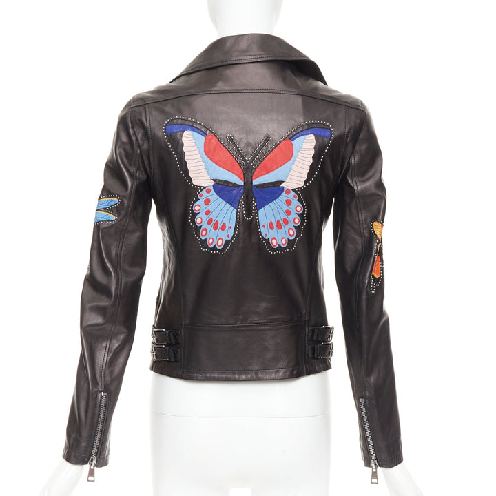 GUCCI Michele black leather bird butterfly applique studded biker jacket IT38 XS
