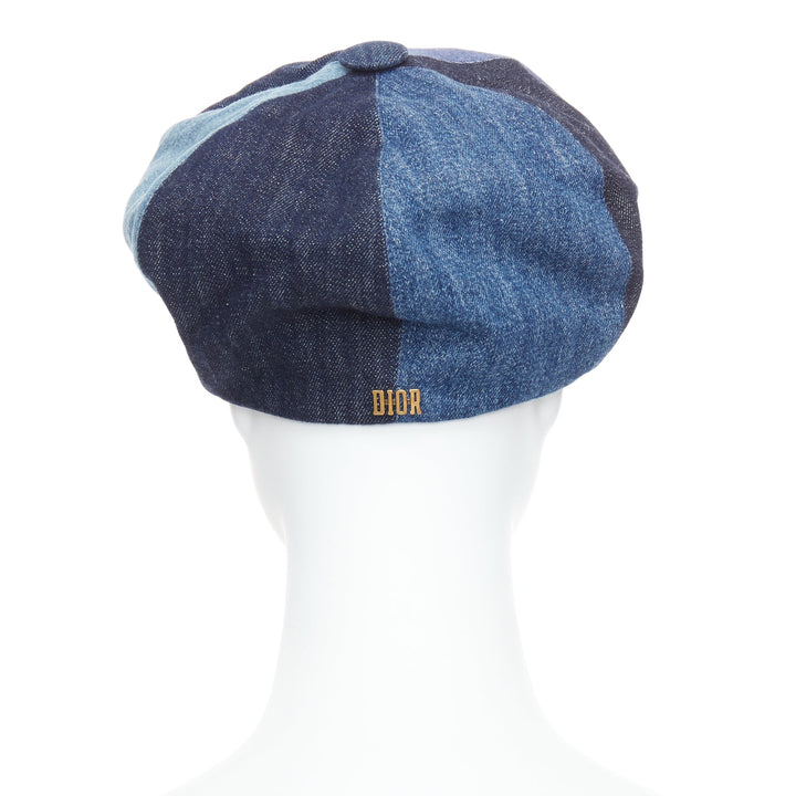 DIOR 2018 blue denim patchwork logo baker newsboy hat 58cm