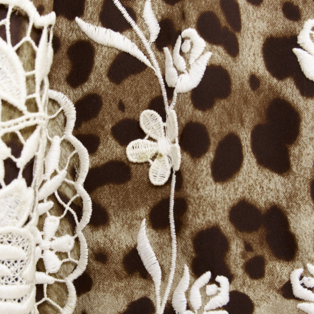 DOLCE GABBANA brown silk leopard print cream anglais embroidery skirt IT40 S