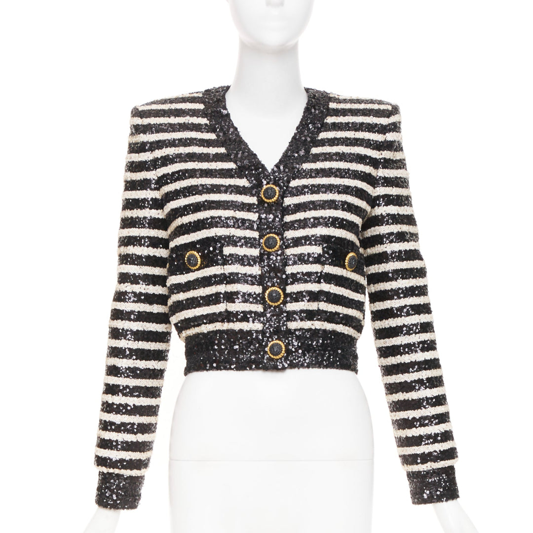 BALMAIN 2024 stripe sequined v neck lion button cropped evening jacket FR34 XS
