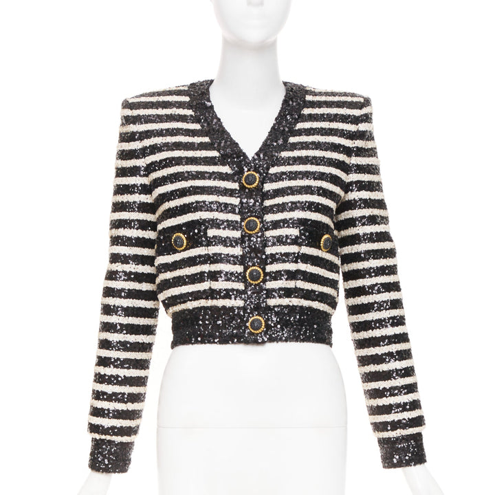BALMAIN 2024 stripe sequined v neck lion button cropped evening jacket FR34 XS