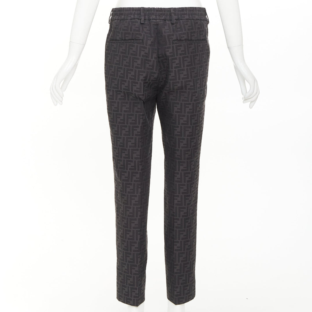 FENDI black FF Zucca monogram jacquard pleat front tapered cropped pants IT48 M