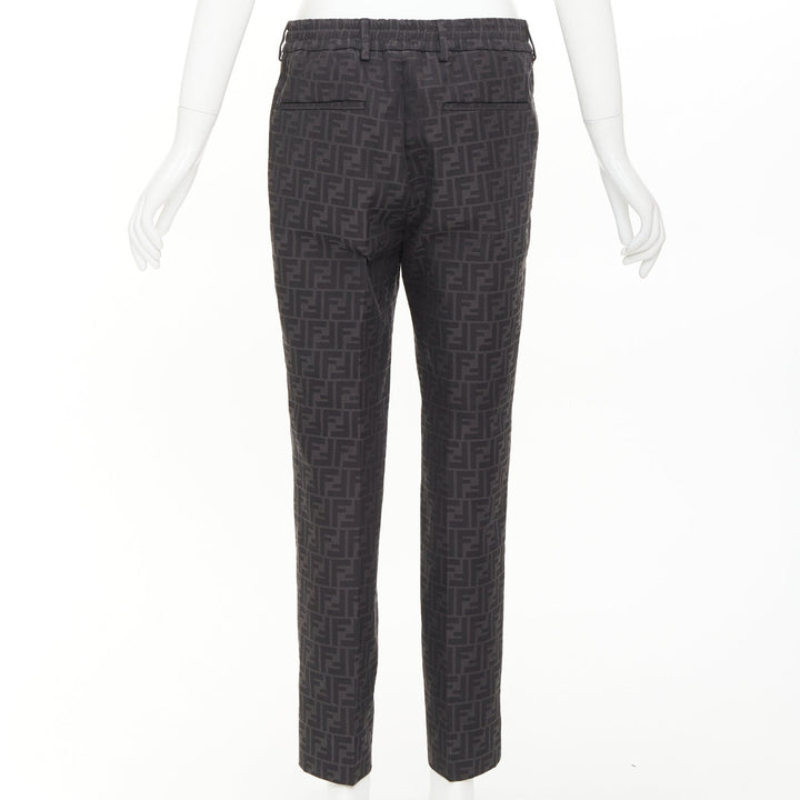 FENDI black FF Zucca monogram jacquard pleat front tapered cropped pants IT48 M
