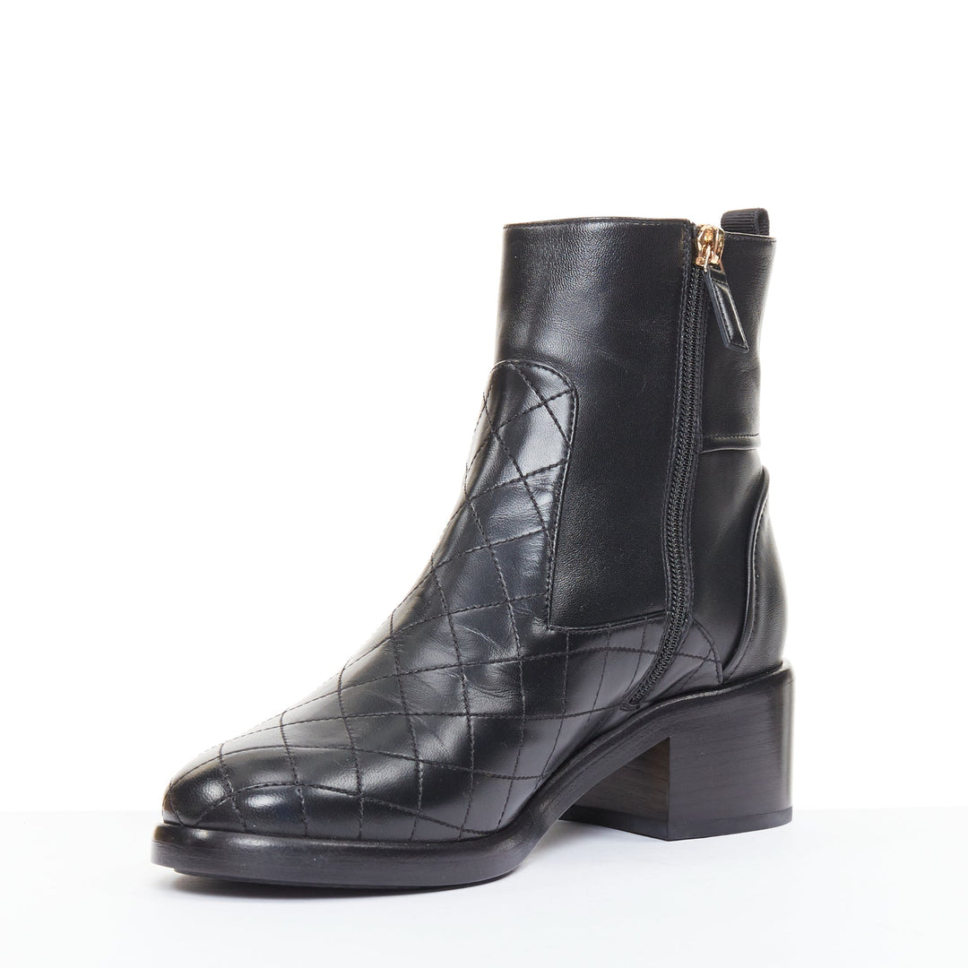 CHANEL 17A Paris Cosmopolite black lamb quilted pearl button ankle boots EU39.5