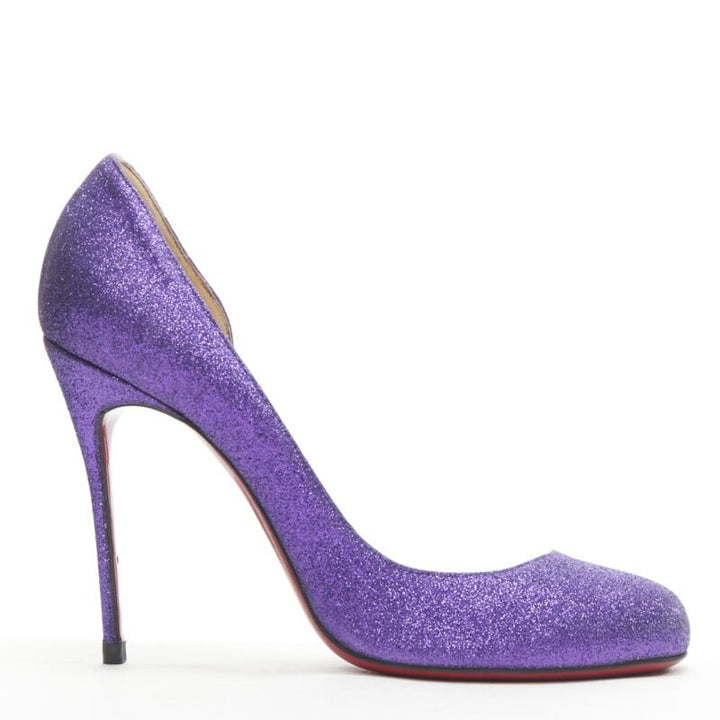 Female mannequin wearing Christian Louboutin Helmour purple glitter Purple Leather Women Heels in Size EU37.5 | Available at JHROP