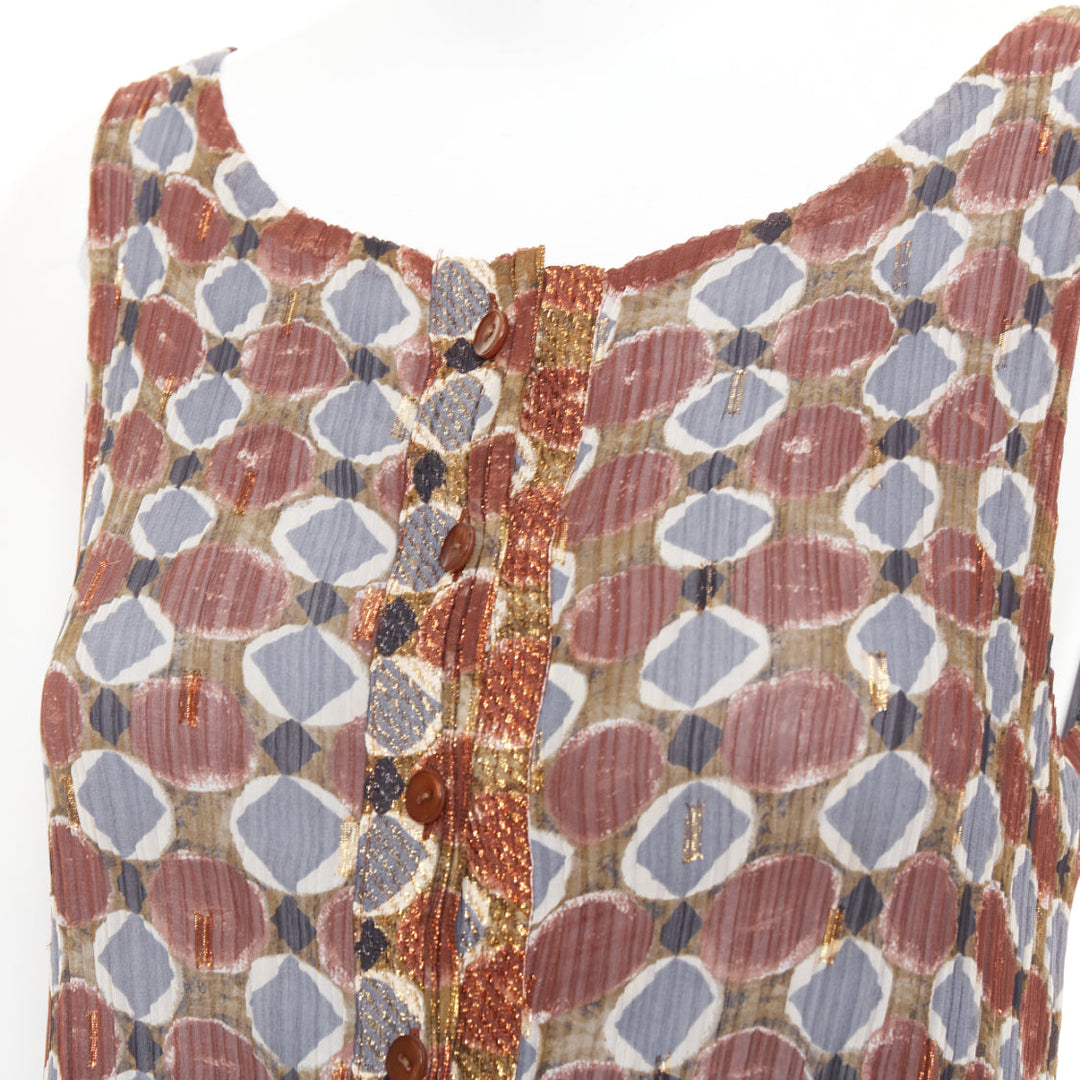 ISSEY MIYAKE Vintage Ajrakh brown blue tile print metallic ruffle pleat dress S