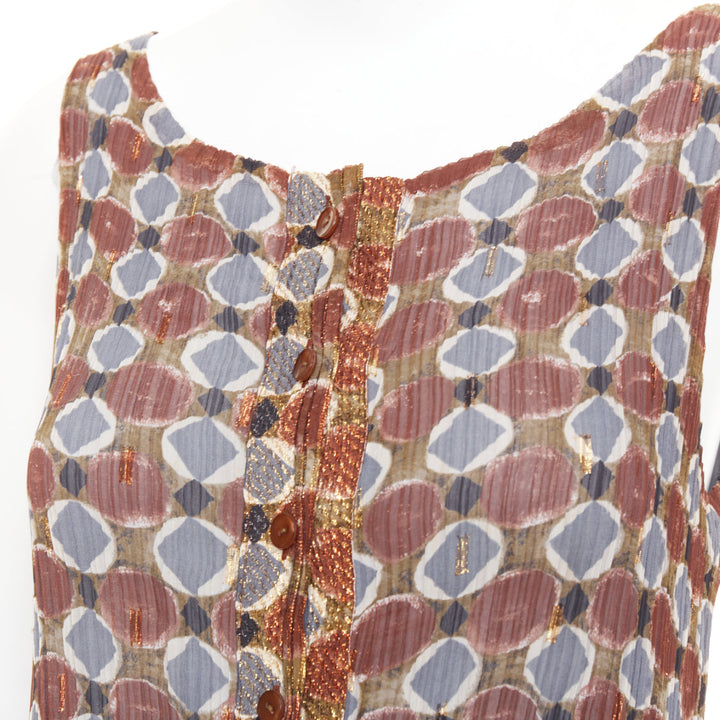 ISSEY MIYAKE Vintage Ajrakh brown blue tile print metallic ruffle pleat dress S