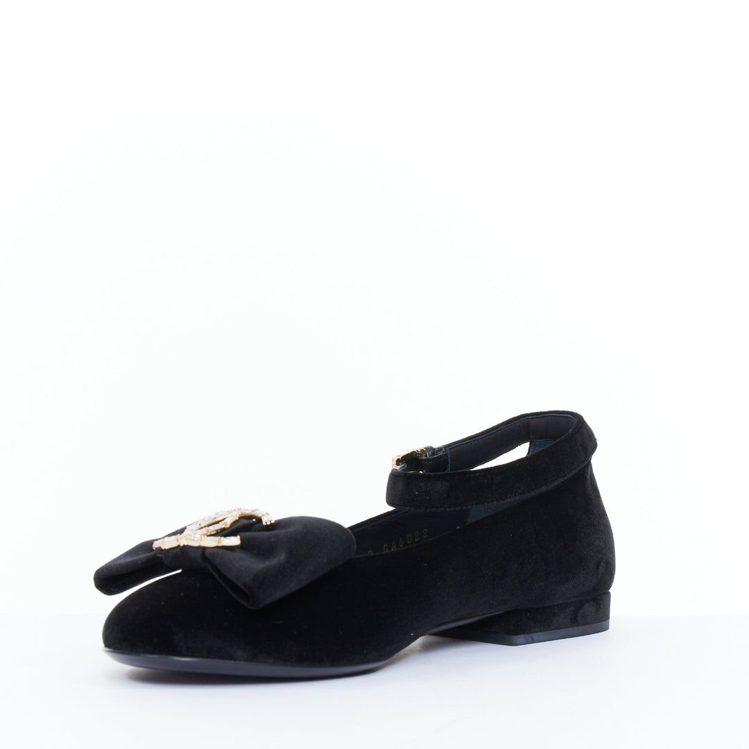 CHANEL 2020 black velvet crystal CC bow ankle strap mary jane ballet flats EU37C