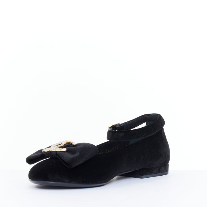 CHANEL 2020 black velvet crystal CC bow ankle strap mary jane ballet flats EU37C