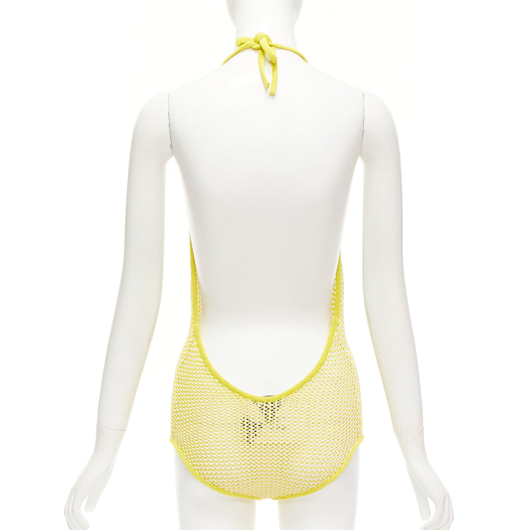 BOTTEGA VENETA 2021 Fishnet Body yellow white knitted halter leotard top S