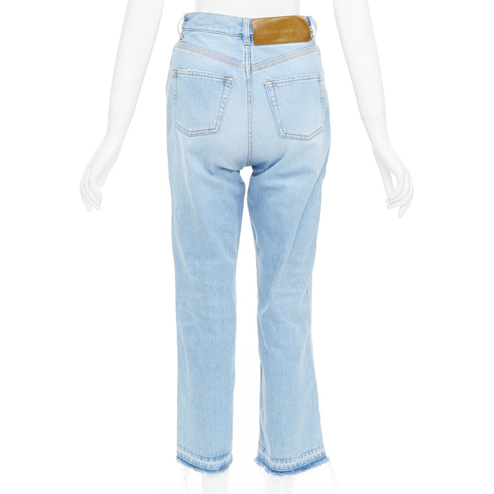 LOEWE blue washed frayed edge mismatch patchwork cropped jeans FR34 XS