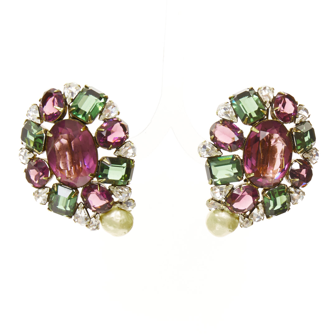IRAJ MOINI purple green silver giant stones faux pearl clip on earrings Pair