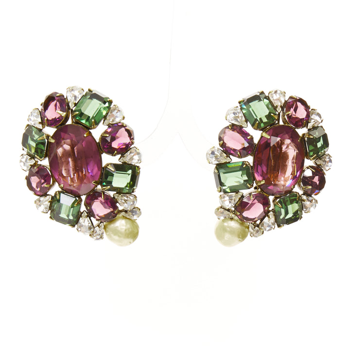 IRAJ MOINI purple green silver giant stones faux pearl clip on earrings Pair