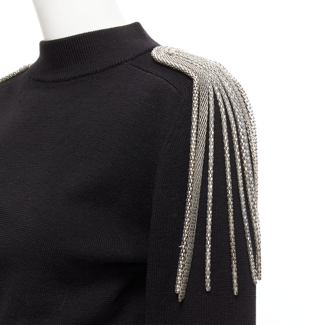 CHRISTOPHER KANE 100% merino wool black silver shoulder chain sweater XS