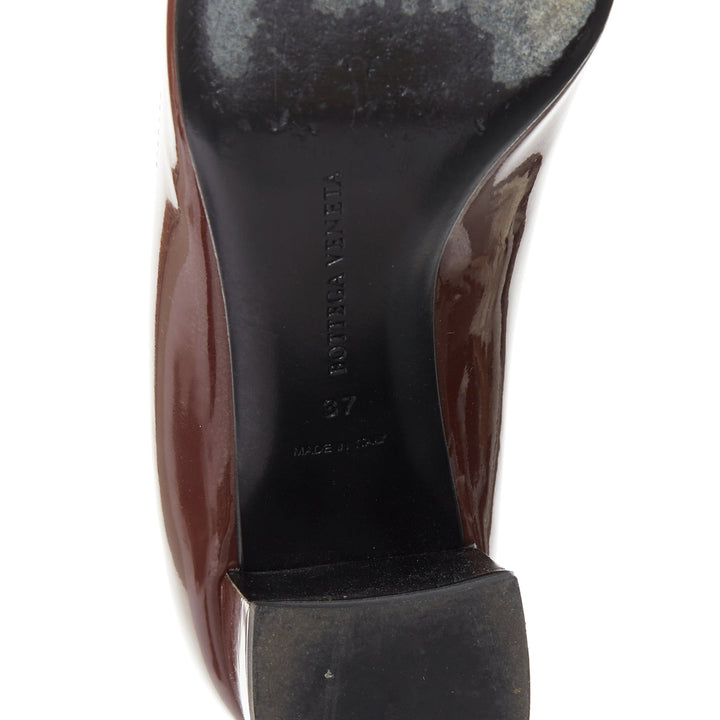 BOTTEGA VENETA burgundy patent leather intrecciato square toe block pumps EU37