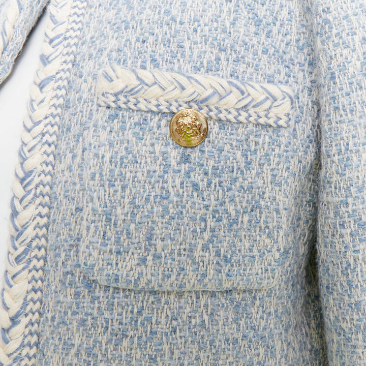 CELINE 2023 baby blue white wool cotton boucle tweed trim jacket FR36 S