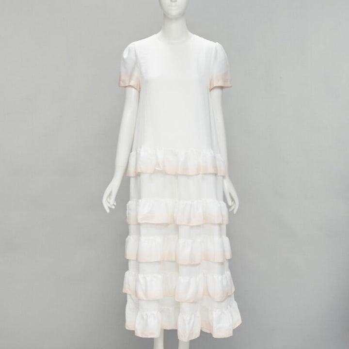 MAJE white pink dip dye ruffle petal tiered midi dress FR38 M