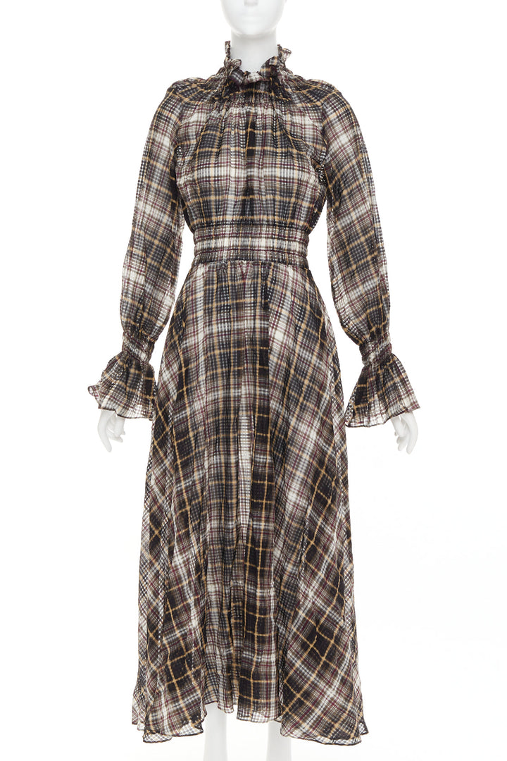 BEAUFILLE brown cotton silk check sheer ruched neck sleeves peasant dress US0 S