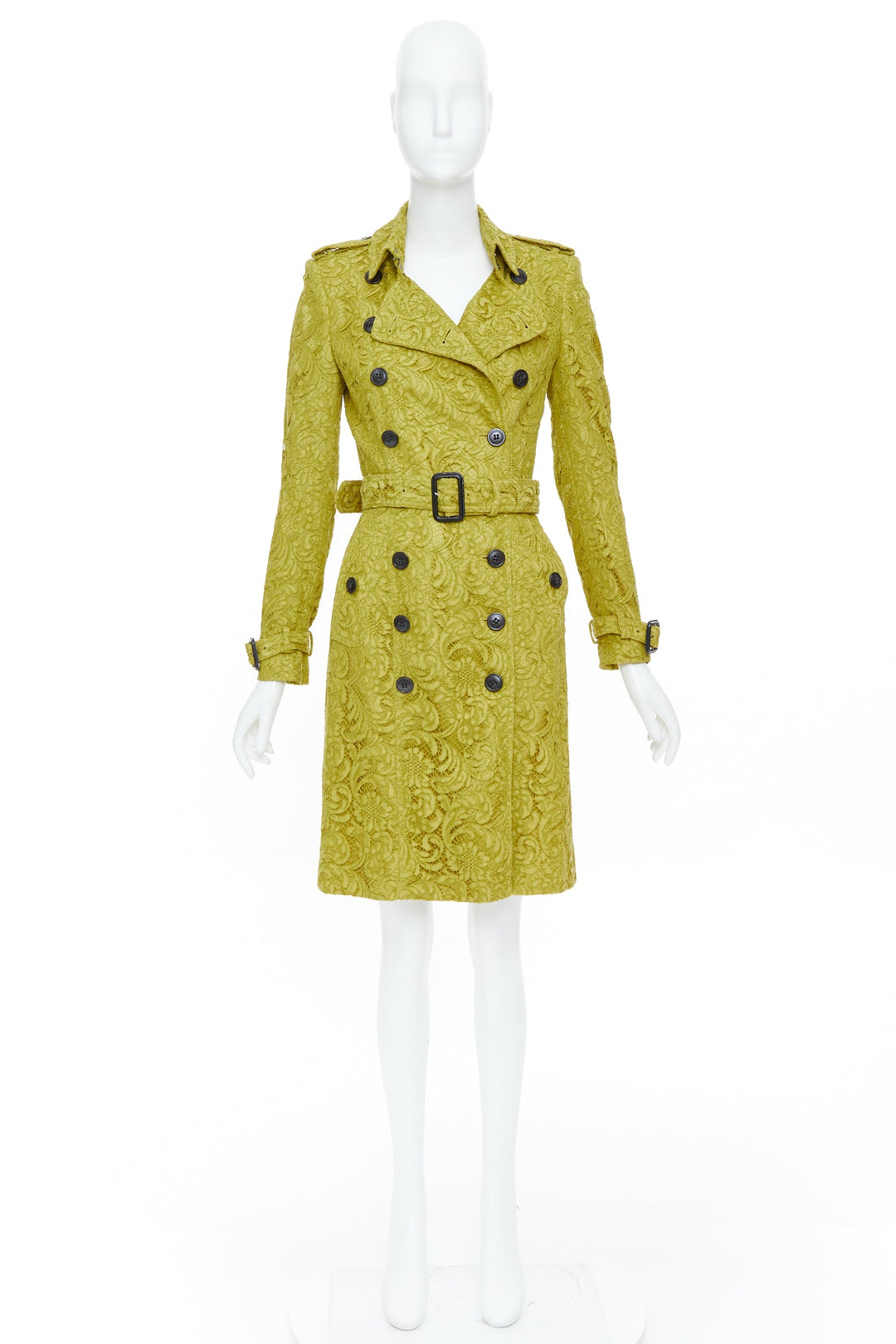 BURBERRY 2013 chartreuse mustard lime macrame lace double breasted trench UK6 XS