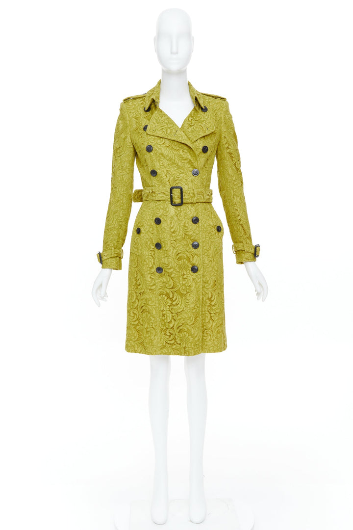 BURBERRY 2013 chartreuse mustard lime macrame lace double breasted trench UK6 XS