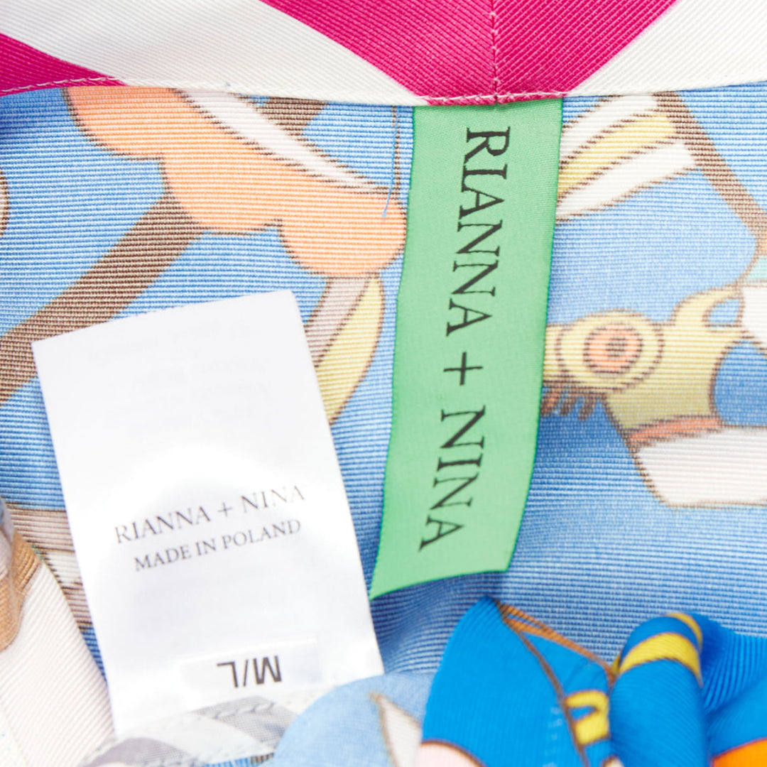 RIANNA + NINA Greek blue cotton cartoon print striped belted Kimono blouse M