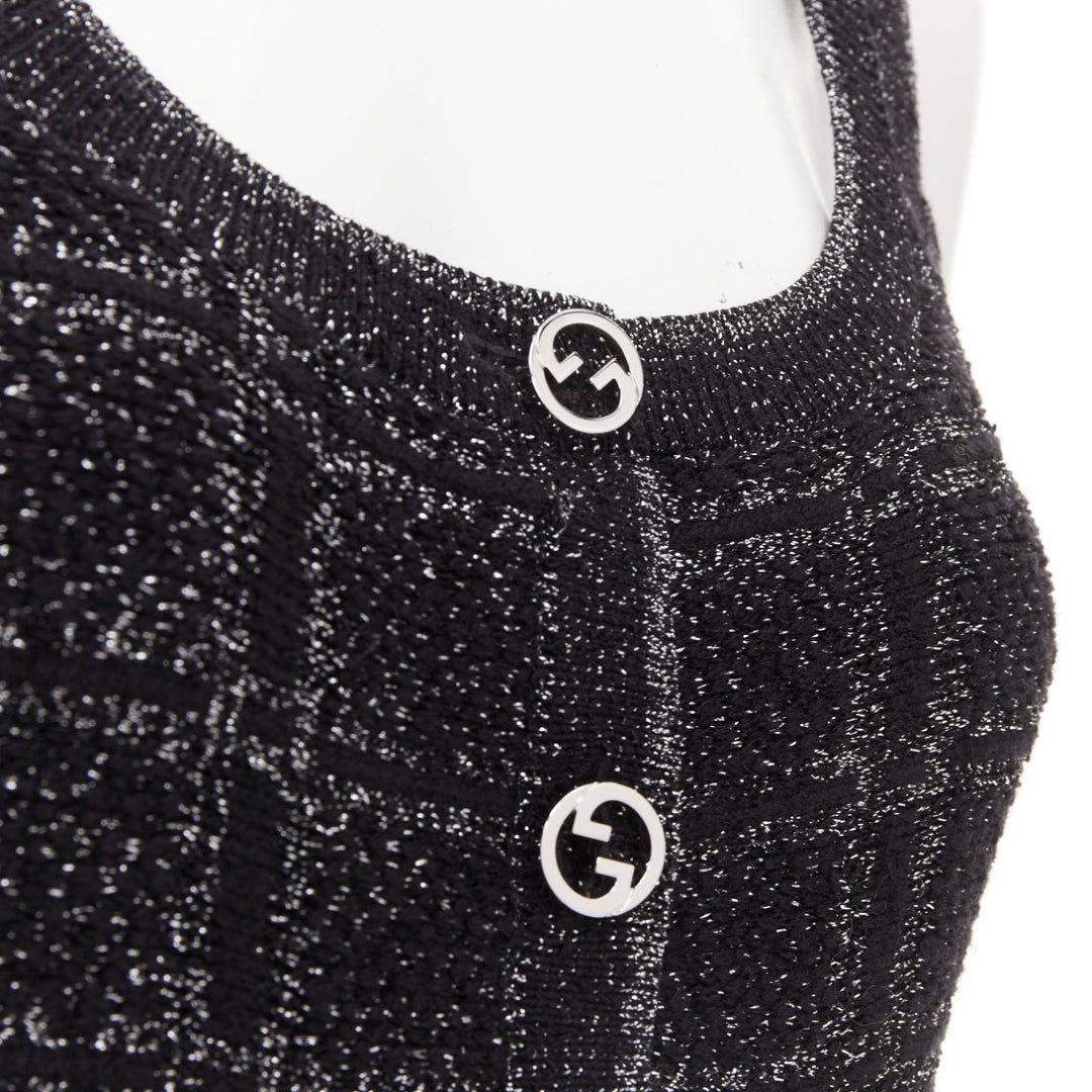 GUCCI 2024 black silver lame check jacquard vintage GG button mini dress XXS