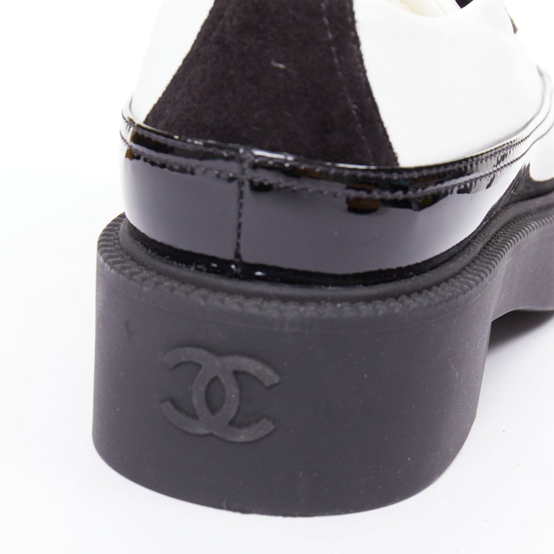CHANEL 21B black white nylon patent leather trim CC brogue creepers EU38