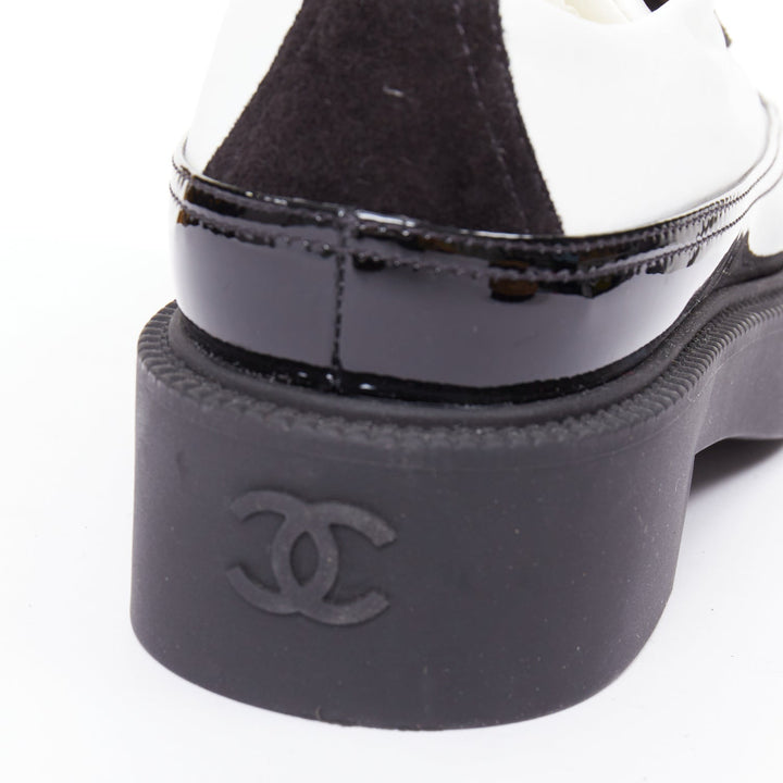 CHANEL 21B black white nylon patent leather trim CC brogue creepers EU38
