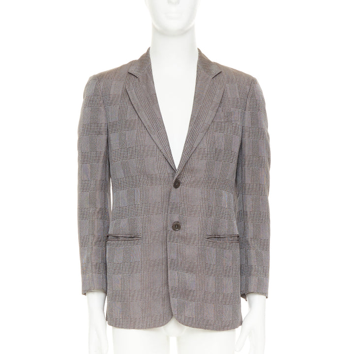 GIORGIO ARMANI taupe grey houndstooth plaid notched lapel blazer IT46 S