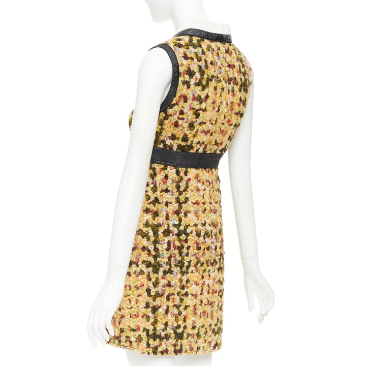 LOUIS VUITTON 2014 Runway yellow quilted tweed boucle black patent dress FR38 M