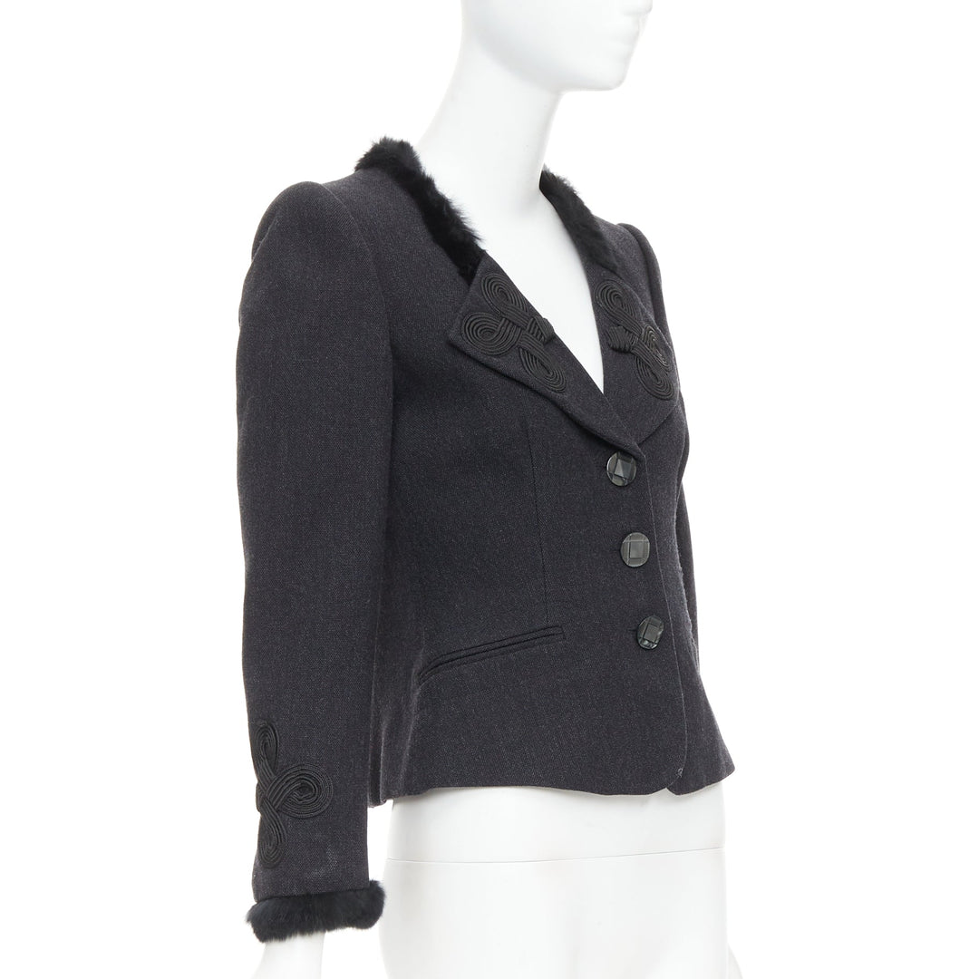 EMPORIO ARMANI grey virgin wool fur trim totem applique crop blazer IT42 M