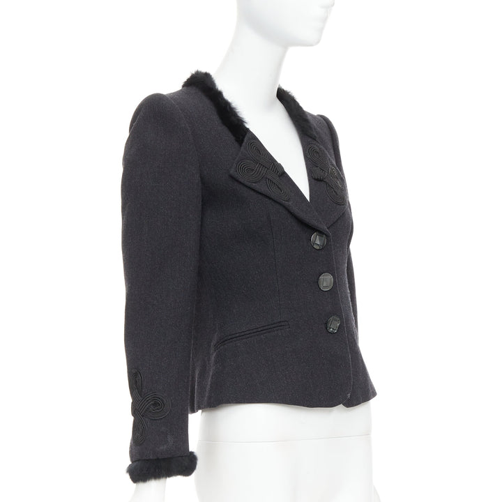 EMPORIO ARMANI grey virgin wool fur trim totem applique crop blazer IT42 M