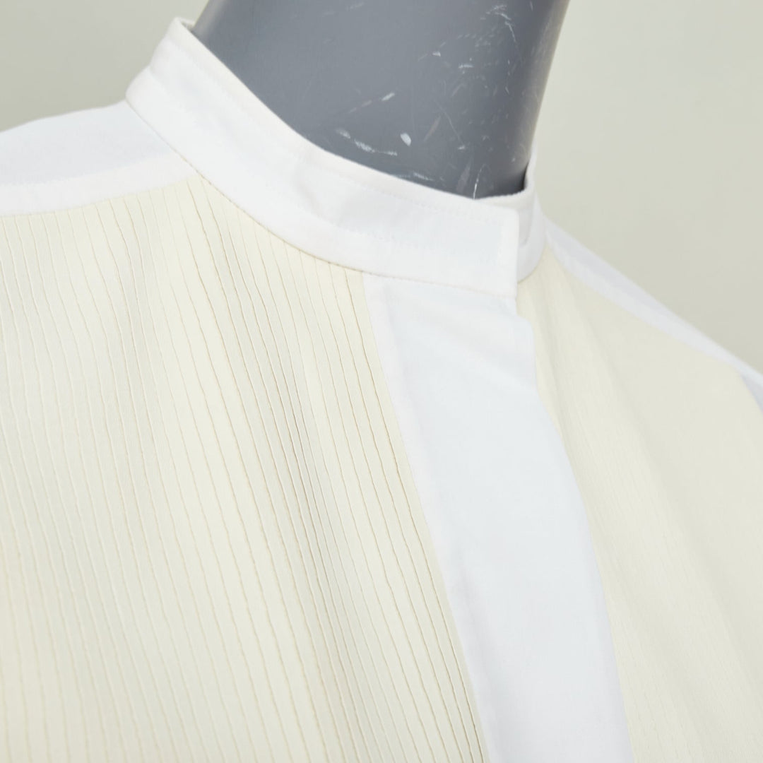 HERMES white pleated lambskin leather bib hidden button sheer cotton top FR34 XS