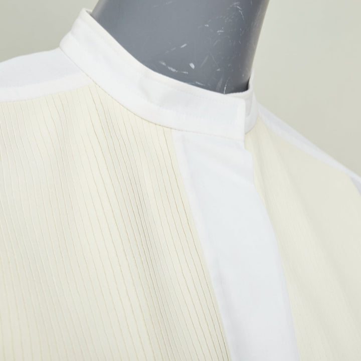 HERMES white pleated lambskin leather bib hidden button sheer cotton top FR34 XS