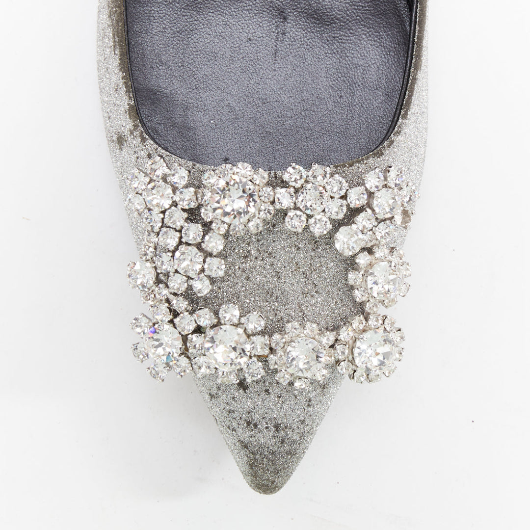 ROGER VIVIER silver glitter crystal buckle pointy toe ballerina flats EU37