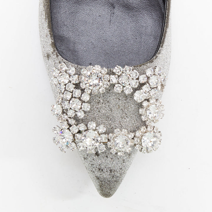 ROGER VIVIER silver glitter crystal buckle pointy toe ballerina flats EU37