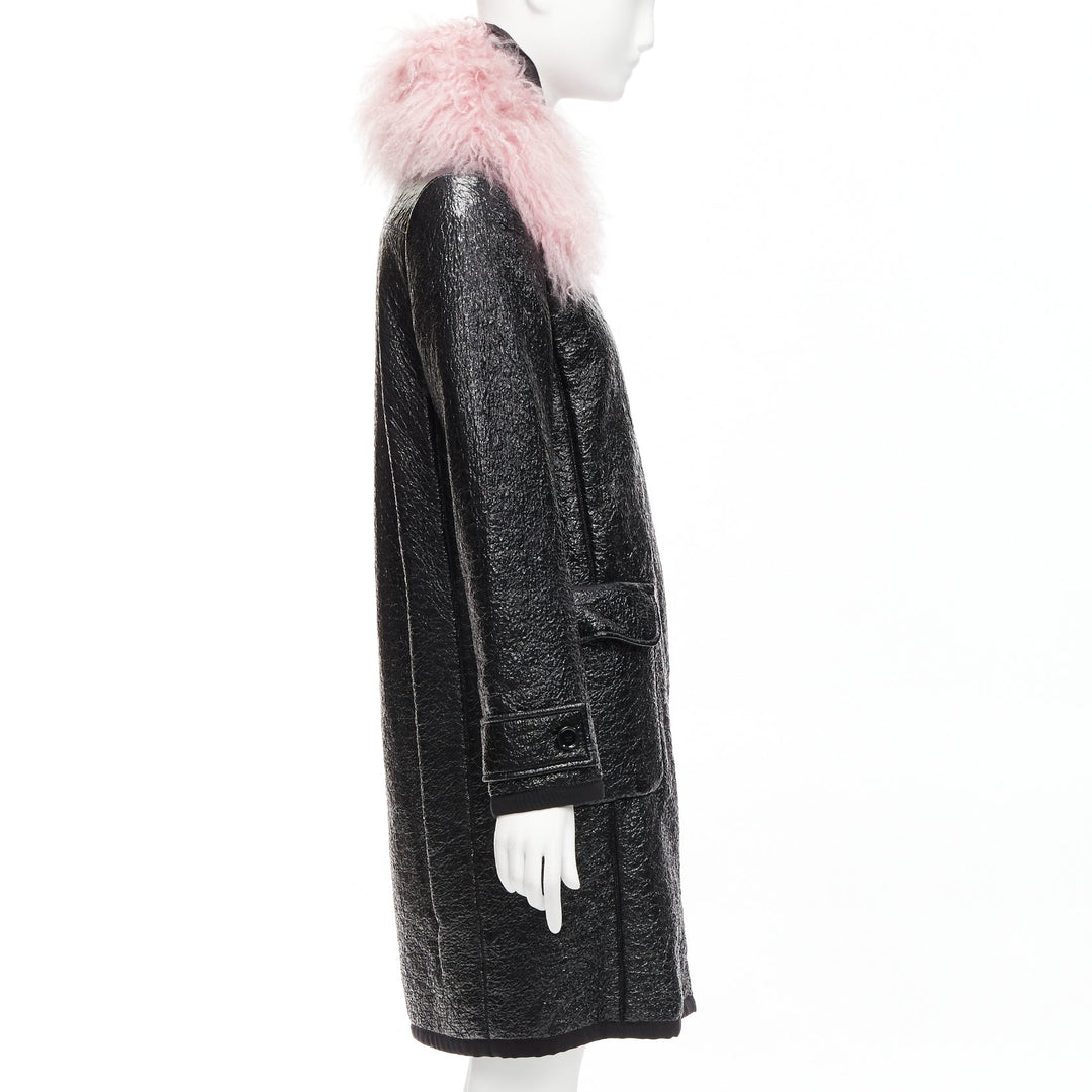 MONCLER pink tibet lamb fur black patent cotton virgin wool blend coat Sz1 M