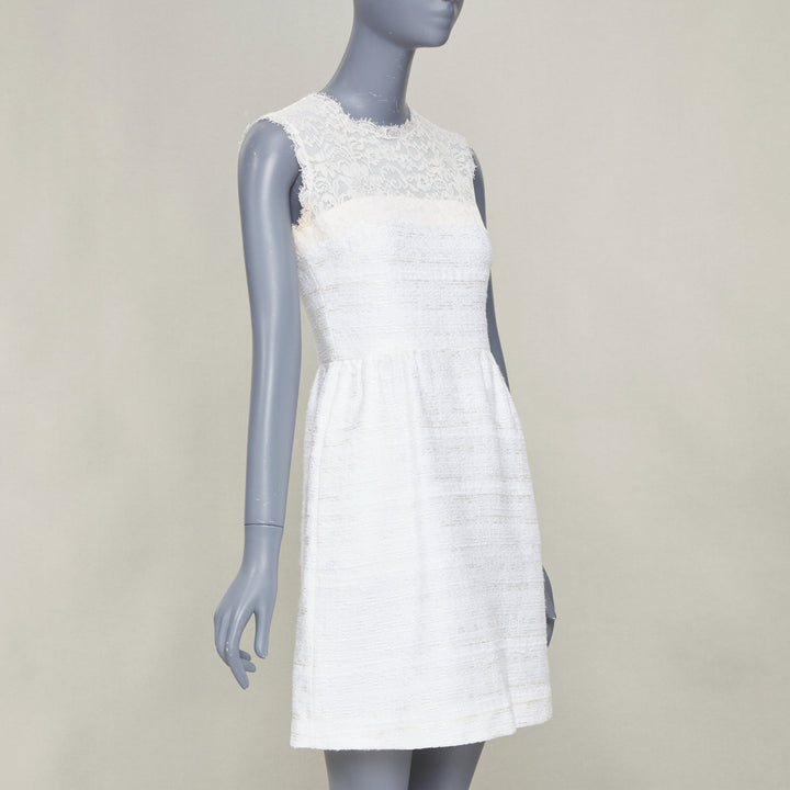 VALENTINO 2018 Bridal white sheer lace yoke tweed mixed mini dress IT40 S