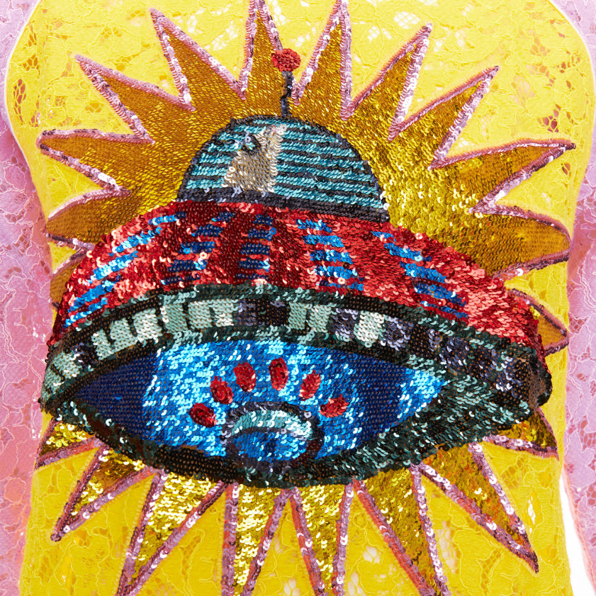 GUCCI multicolor lace UFO sunburst sequin applique pullover sweater top XS
