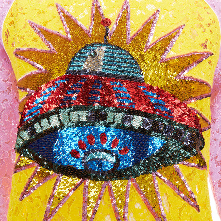 GUCCI multicolor lace UFO sunburst sequin applique pullover sweater top XS