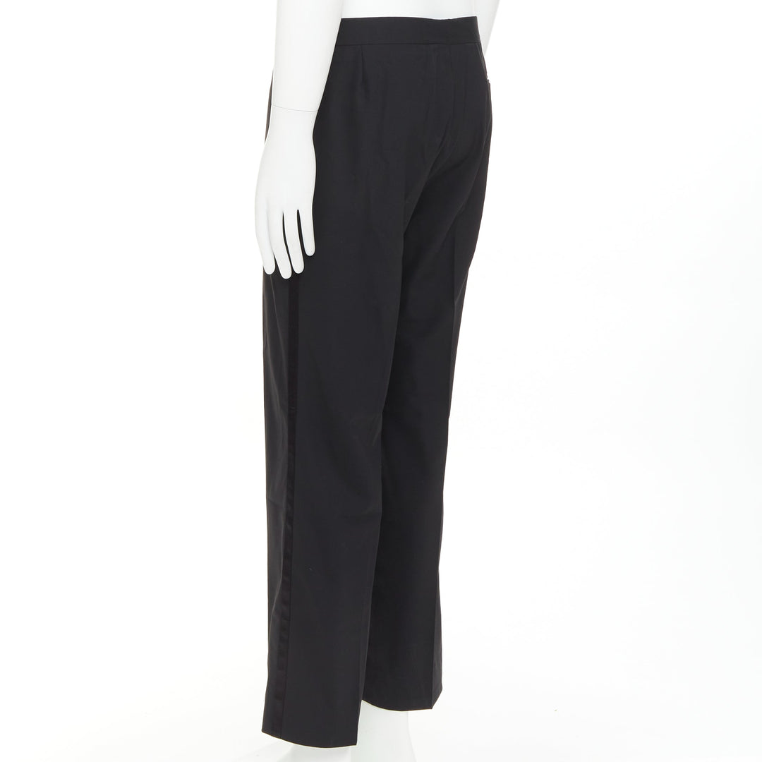 HERMES black wool blend satin trim side handstitched mid waist trousers IT50 XL