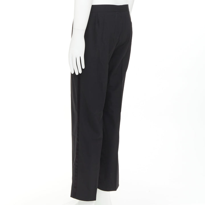 HERMES black wool blend satin trim side handstitched mid waist trousers IT50 XL